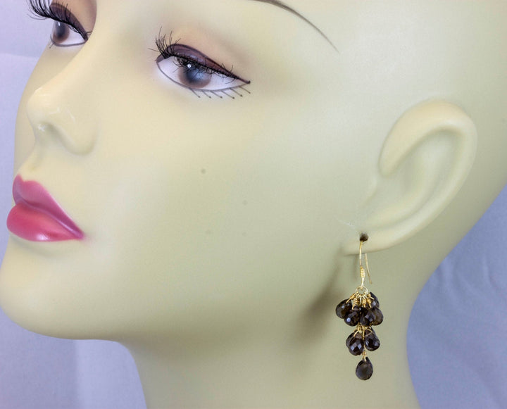 Smoky Quartz Earrings Cluster Style 14k Solid Gold or Filled Micro Faceted Multiple Briolettes Chandelier Natural Smokey  Grey 1 1/2 Inches