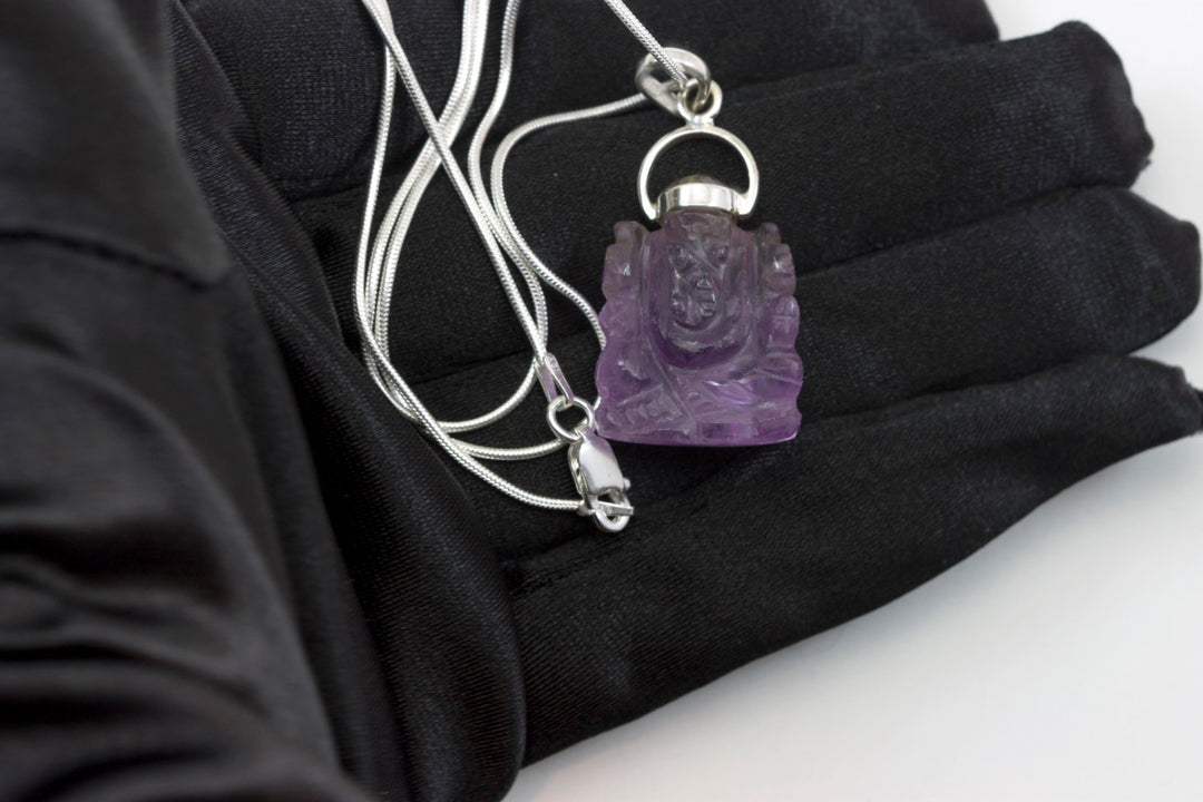 Ganesh Ganesha Elephant Pendant Necklace Lord Good Fortune Sterling Silver 18 Inch Chain Purple Amethyst or Crystal Quartz or Labradorite