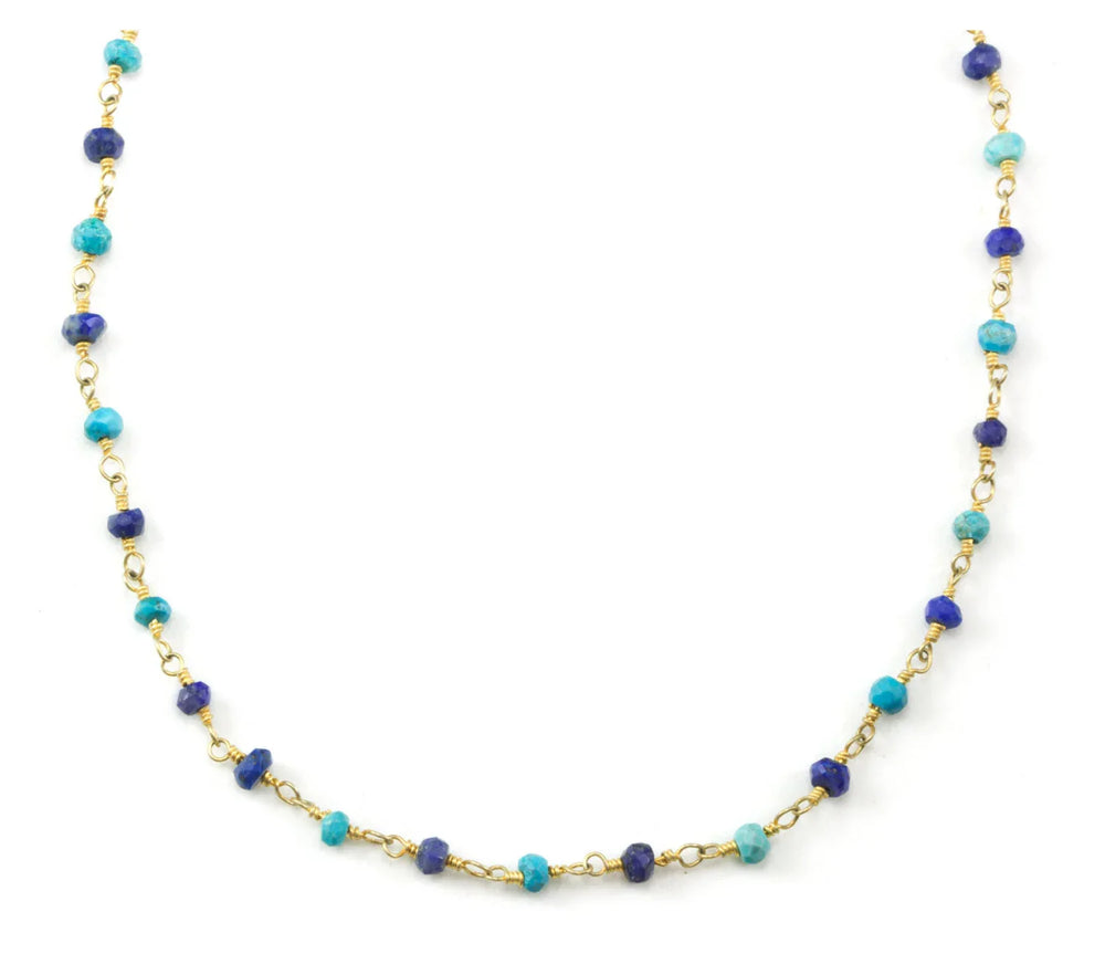 Blue Lapis Lazuli Turquoise Necklace Spaced Chain Link Faceted Beaded Necklace