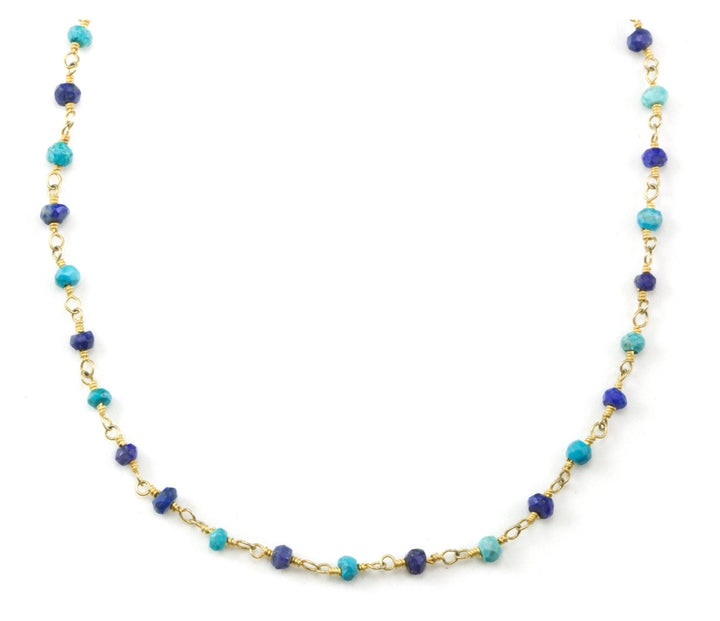 Blue Lapis Lazuli and Turquoise Necklace Spaced Chain Link Faceted Beaded 14k Gold Filled Necklace 18 19 Inches Simple