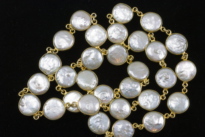 Button Pearl Necklace Bezel Set Pearls 24 Inches 14k Gold Filled and Plate Simple Clasp Chain High Luster Cultured Freshwater Pearls Classic