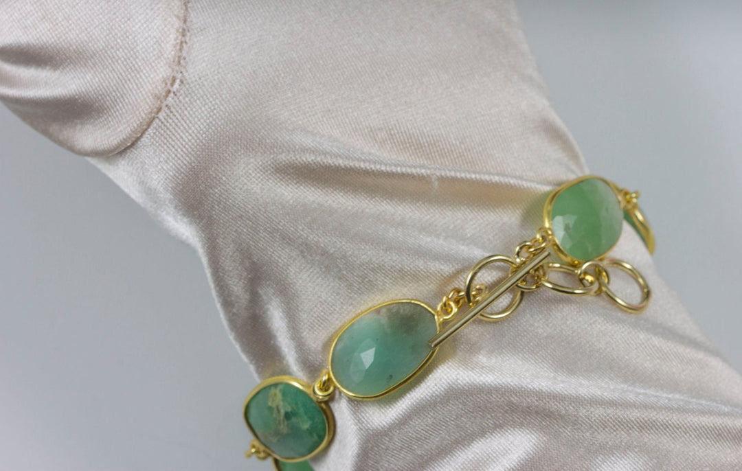 Chrysoprase Bracelet Green Chain Link Beaded 14k Gold Filled Adjustable 7 8 Inches Natural Soft Pale Green Colors simple Faceted Off Round