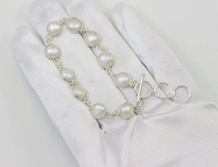 Freshwater Button Pearl Bracelet White Cultured Sterling Silver 14k Gold Plate Adjustable Toggle Clasp 7  8 Inches Inch Simple Button  Bezel