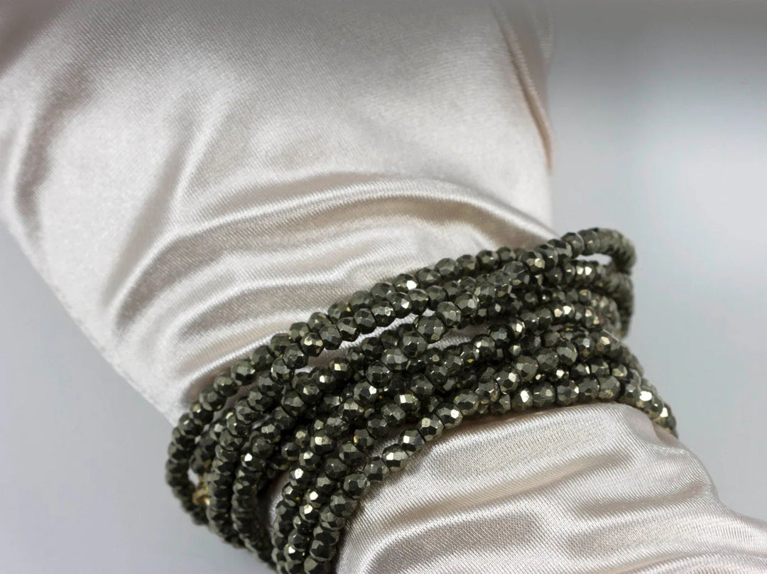 Pyrite Necklace or Wrap Bracelet Faceted 14k Gold Fill 21 22 7 8 Inches Natural Golden Three Strands Wear Straight or Twist 4mm - Spyglass Designs