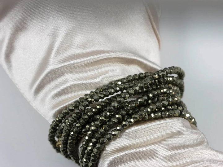 Pyrite Necklace or Wrap Bracelet Faceted 14k Gold Fill 21 22 7 8 Inches Natural Golden Three Strands Wear Straight or Twist 4mm - Spyglass Designs