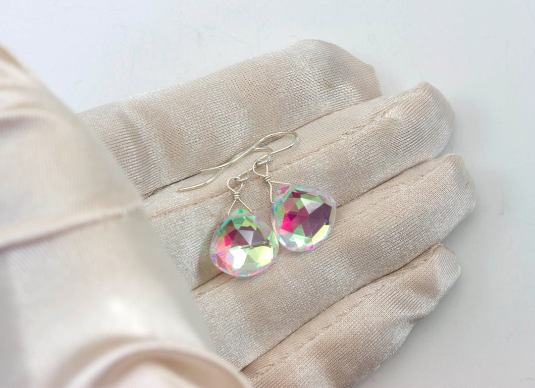 Mystic Clear Rainbow Quartz Earrings Heart Teardrop Faceted 14k Solid Gold or Filled or Sterling Silver iridescent daily wear simple drops