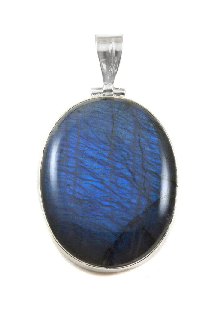Labradorite Necklace Pendant  Sterling Silver Oval Cabachon Large Shape AAA Spyglass Designs Natural Blue Flash Clean Simple Design