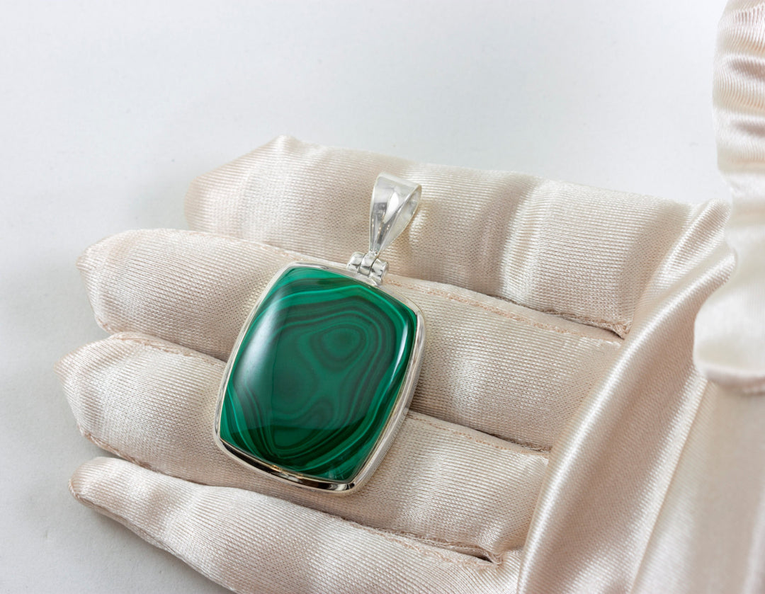 Malachite Pendant Sterling Silver Green Rectangle Necklace Pendant Bezel Set Real Natural  Smooth Striped Cabachon Simple Daily Wear Classic