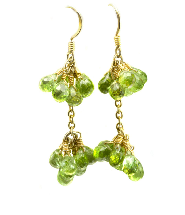 Green Peridot Earrings Faceted Natural Gemstone Teardrop Long Cluster 14k Solid Yellow Gold or Filled Chandelier 2 Inch Briolettes Drops
