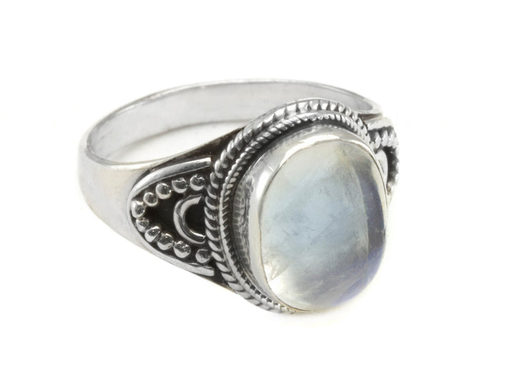 Blue Moonstone Ring Sterling Silver Oval Cut Cabochon Size 7 Blue Iridescent Bezel Set Classic Design