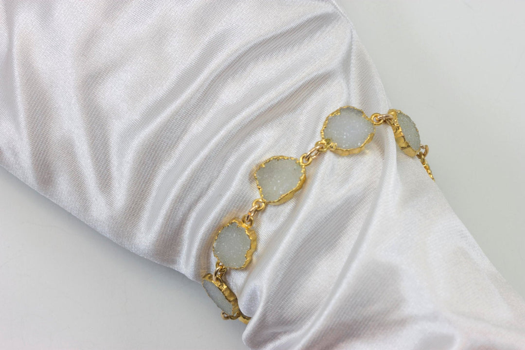 White Drusy Bracelet 14k Gold Filled Off Round Druzy Chain Link Adjustable 7 8 Inches Natural Quartz Unique Daily Wear Spyglass Designs