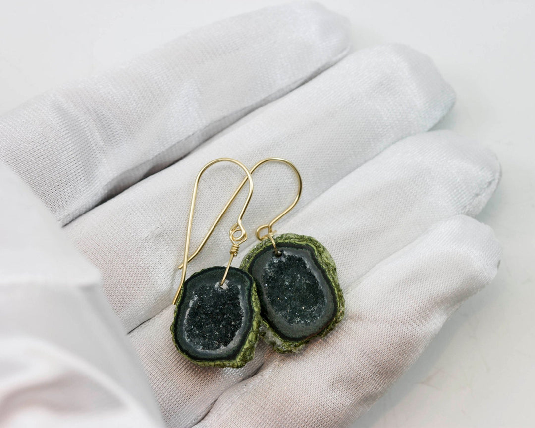 Baby Geode Earrings Tabasco Gray Small Druzy Oval 14k Gold Filled Small Halved Teardrop Drusy Paired AAA Grey Natural Quartz Drops
