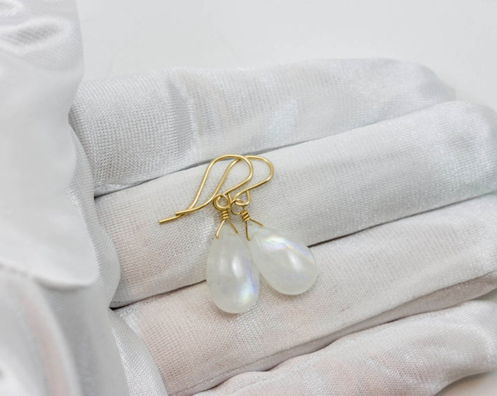 Rainbow Blue Moonstone Earrings Sterling Silver or 14k Solid Gold or Filled Smooth Pear Teardrop Natural Real High Quality Simple Drops