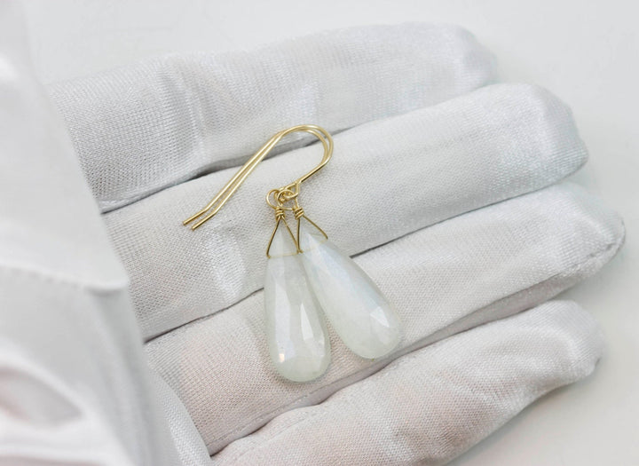 White Moonstone Earrings Sterling Silver or 14k Solid Gold Filled Faceted Teardrop Natural High Quality Simple Dainty Drops Shimmery Drops
