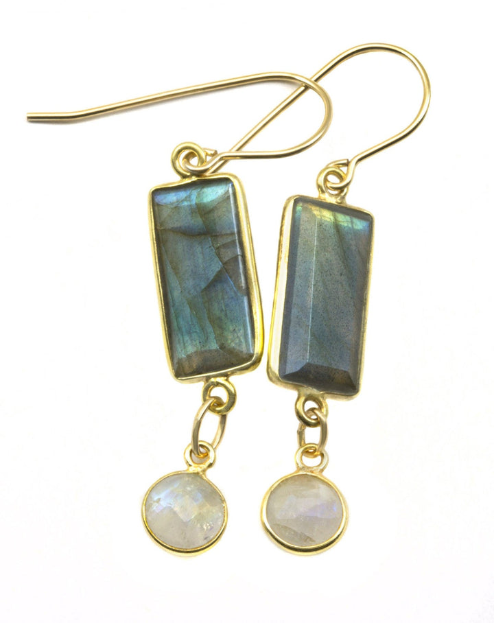 Labradorite and Rainbow Blue Moonstone Earrings  14k Gold Filled Rectangle Teardrop Natural Blue Flash Simple Shimmery Drops Bezel Set