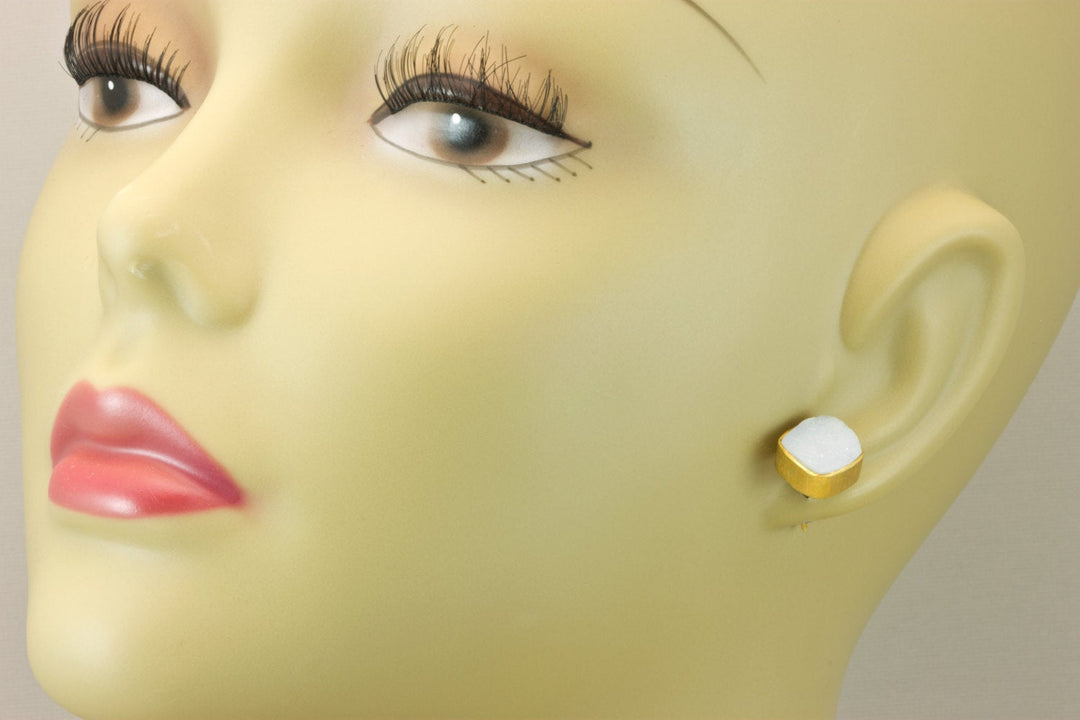 White Drusy Earrings Gold Post Studs Earrings Bezel Set Teardrop Shape Brushed Gold Finish Classic Simple Daily Wear Posts Stud