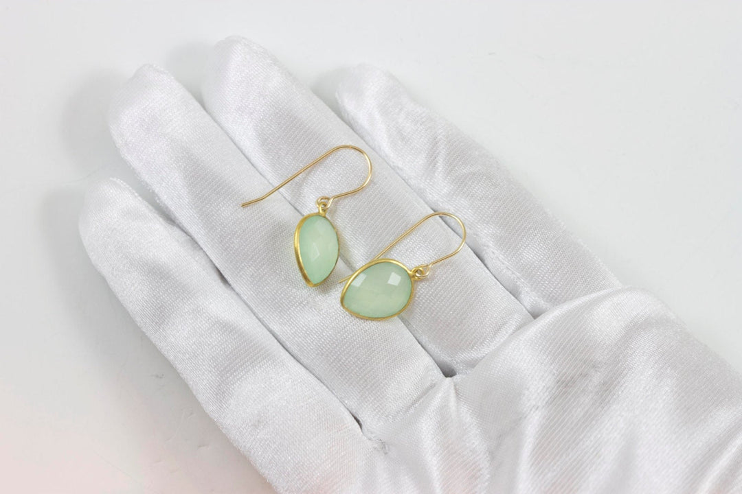 Green Chalcedony Earrings AAA Faceted Briolette Drops 14k Gold Filled Bezel Set Teardrops Natural Classic Simple Shape Daily Drops