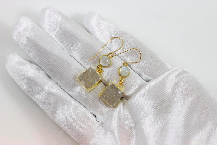 Drusy Soft Grey White 14k Solid Yellow Gold or Filled Earrings Paired Square Cut Rainbow Blue Moonstone  Drusy Druse Natural Drops Bezel Set