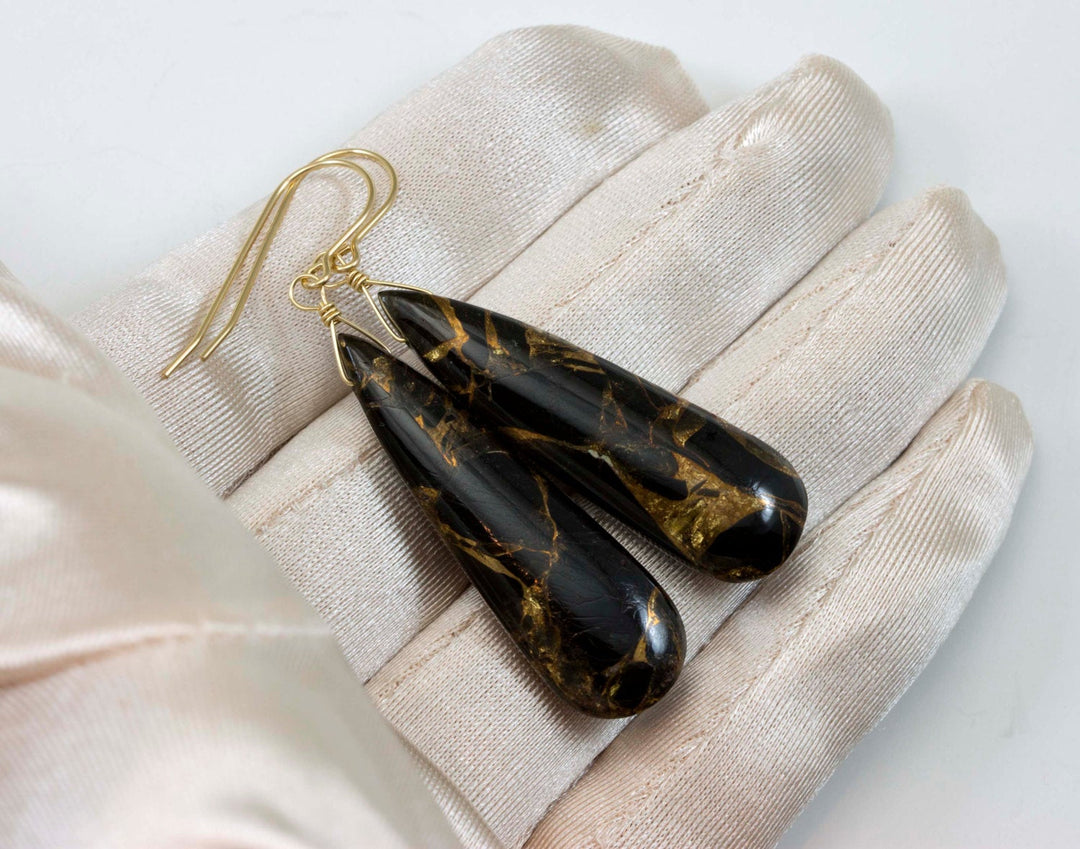 Copper Mosaic Obsidian Earrings Smooth Teardrop Sterling Silver or 14k Solid Gold or Filled Black Pear Long Unique Neutral Drops 2 Inch