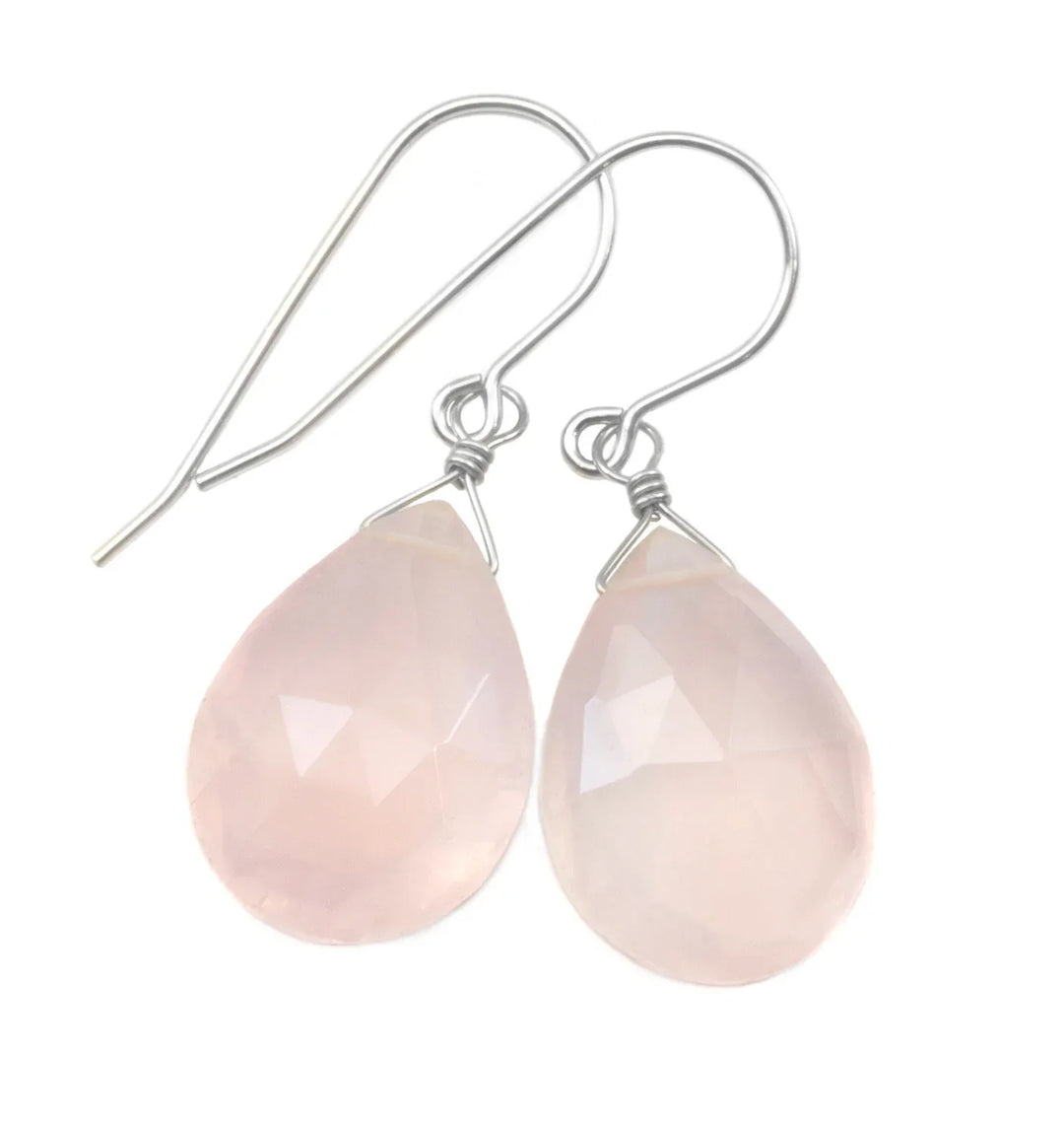 Rose Quartz Earrings Pink Large Teardrop Dangle Sterling Silver or 14k solid Gold or Filled Classic Pear Faceted Simple Everyday Soft color - Spyglass Designs