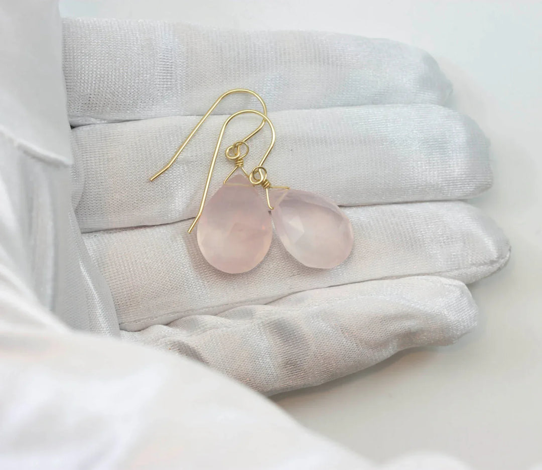 Rose Quartz Earrings Pink Large Teardrop Dangle Sterling Silver or 14k solid Gold or Filled Classic Pear Faceted Simple Everyday Soft color - Spyglass Designs