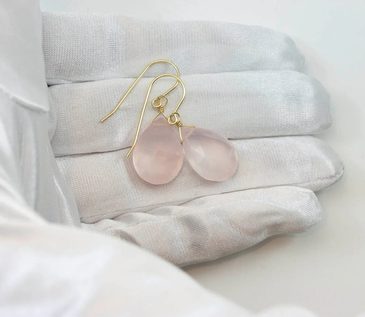 Rose Quartz Earrings Pink Large Teardrop Dangle Sterling Silver or 14k solid Gold or Filled Classic Pear Faceted Simple Everyday Soft color - Spyglass Designs