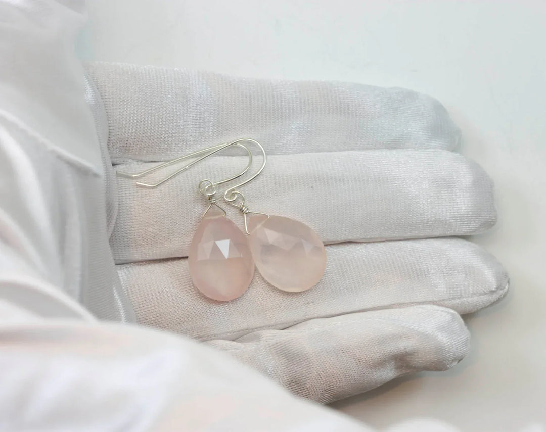 Rose Quartz Earrings Pink Large Teardrop Dangle Sterling Silver or 14k solid Gold or Filled Classic Pear Faceted Simple Everyday Soft color - Spyglass Designs