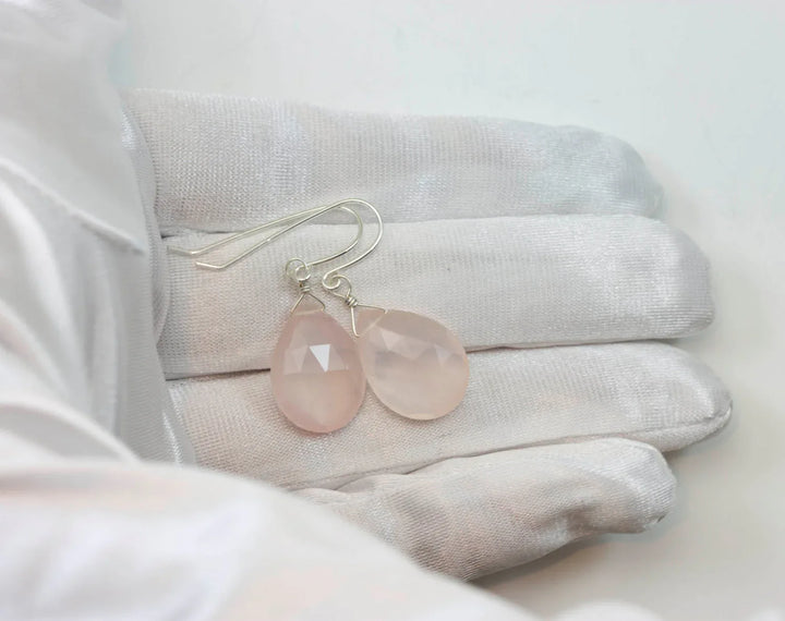 Rose Quartz Earrings Pink Large Teardrop Dangle Sterling Silver or 14k solid Gold or Filled Classic Pear Faceted Simple Everyday Soft color - Spyglass Designs
