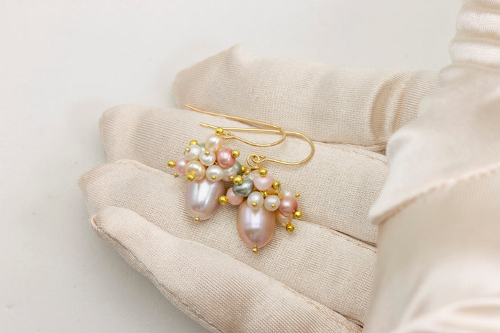 Pearl Earrings Cluster Style 14k Solid Gold or Filled French Ear Wires Pink Rose Potato Freshwater Simple Pearls Drops Clusters Pink White