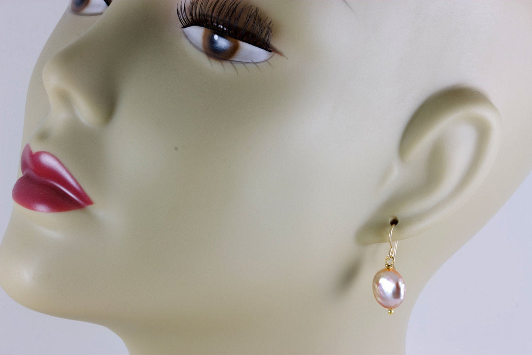 Pink Button Pearl Earrings Sterling Silver or 14k Solid Gold or Filled Rose High Luster Simple Pearls Genuine Freshwater Dangles Drops