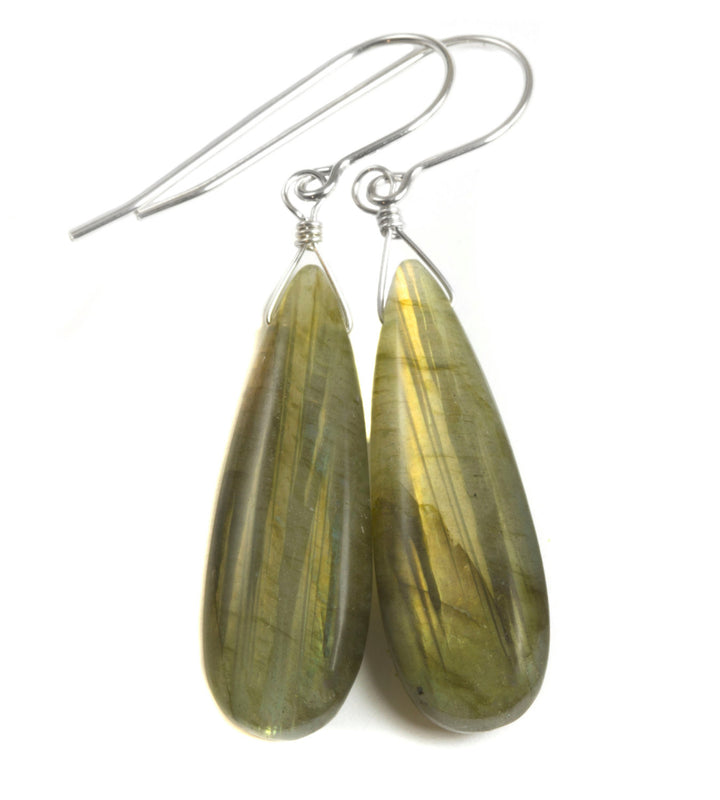 AAA Labradorite Smooth Long Teardrop Large Solid 14k Gold or Filled yellow gold or Sterling Silver Earrings Gold Green Blue Flash simple
