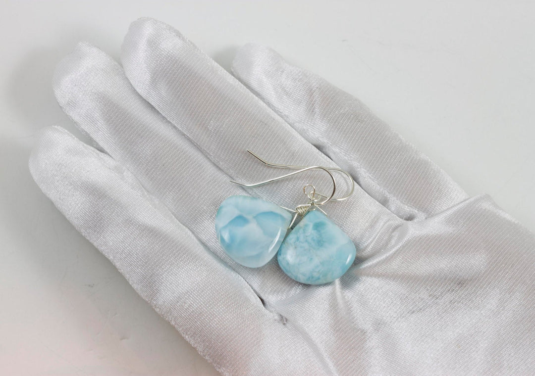 Blue Larimar Earrings Natural Heart Polished Smooth Simple Large Drop Sterling Silver Spyglass Designs Baby Soft Blue  Contemporary Cut