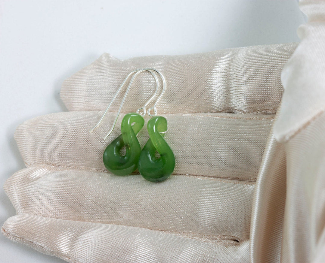 Natural Nephrite Green Jade Earrings Carved Double Infinity Teardrop 14k solid yellow gold or filled or Sterling Silver unique simple drops