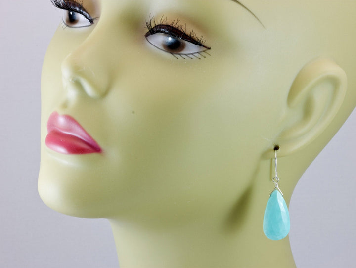 Turquoise Earrings Sterling Silver Faceted Cut Long Teardrop Natural Stone Light Soft blue large earthy contemporary cut simple drops
