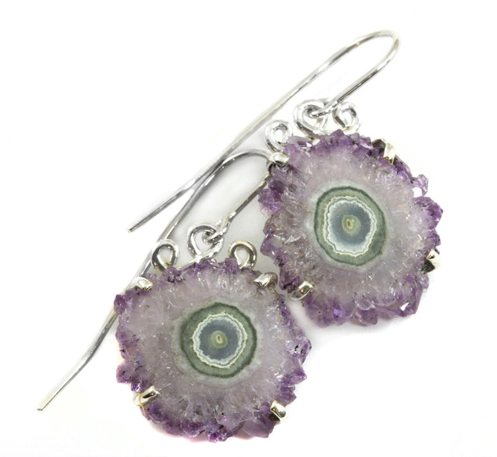 Drusy Earrings Amethyst Stalactite Slice Hand Wired Simple Purple Lavender Green Center Druzy Sterling Silver Earthy Natural