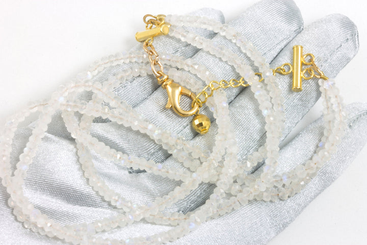 Moonstone Necklace or Wrap Bracelet Faceted 14k Gold Plate or Sterling Silver 22 6 7  Inches Natural Rainbow Blue Two Strands Versatile