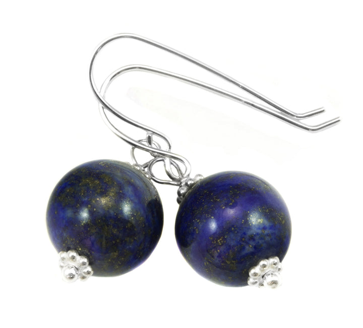Blue Lapis Lazuli Earrings Natural Round Dangles Sterling Silver or 14k Solid Gold or Filled Beaded Accents Simple Basic Drops Pyrite Flecks