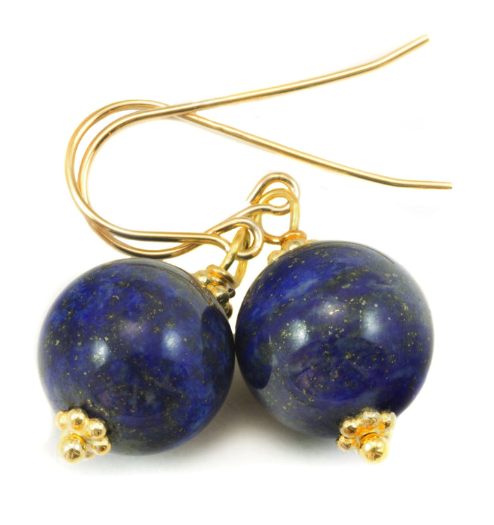Blue Lapis Lazuli Earrings Natural Round Dangles Sterling Silver or 14k Solid Gold or Filled Beaded Accents Simple Basic Drops Pyrite Flecks