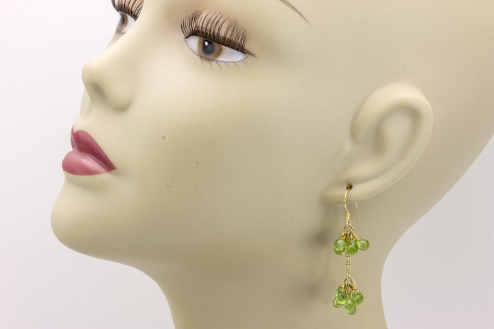 Green Peridot Earrings Faceted Natural Gemstone Teardrop Long Cluster 14k Solid Yellow Gold or Filled Chandelier 2 Inch Briolettes Drops