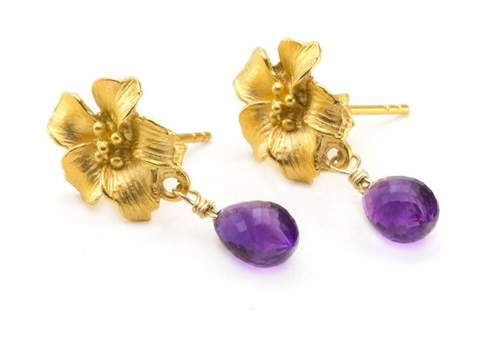 Purple Amethyst Earrings 22k gold vermeil Carved Flower Post Studs Simple Everyday Drops Natural Briolettes Matt Gold Finish Classic Simple