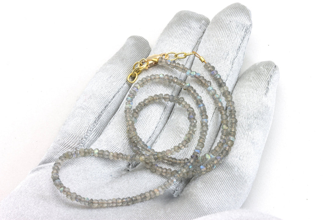 Labradorite Necklace Solid Strand Micro Faceted 18 19 Inch 14k gold filled or Sterling Silver AAA Blue Flash Cut Contemporary Design