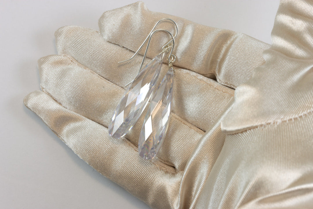 Clear Cubic Zirconia Earrings Simulated Diamond Long Large Teardrop AAA CZ Sterling Silver or 14k Solid Gold or Filled Faceted Drops 2 Inch