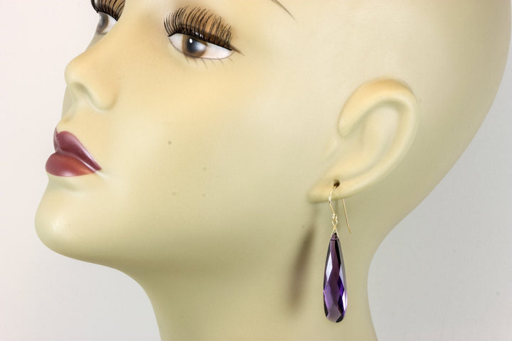 Purple Amethyst Cubic Zirconia Earrings Long Large Tear Drop  AAA CZ 14k Solid Gold or Filled or Sterling Silver Faceted Simple 2 Inch Drops