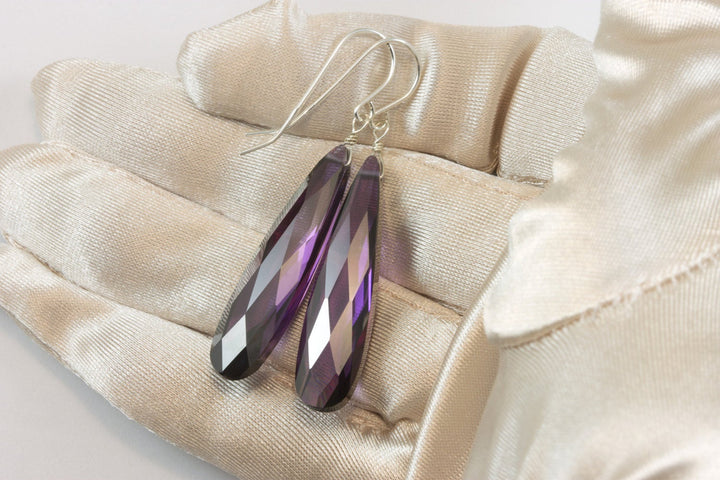 Purple Amethyst Cubic Zirconia Earrings Long Large Tear Drop  AAA CZ 14k Solid Gold or Filled or Sterling Silver Faceted Simple 2 Inch Drops