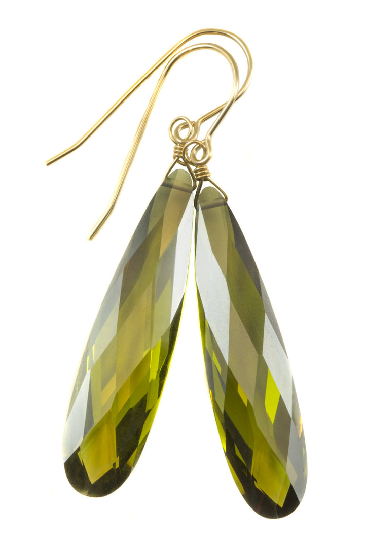 Peridot Green Cubic Zirconia Earrings Long Large Teardrops  AAA CZ 14k Solid Gold or Filled or Sterling Silver Faceted Simple 2 Inch Drops