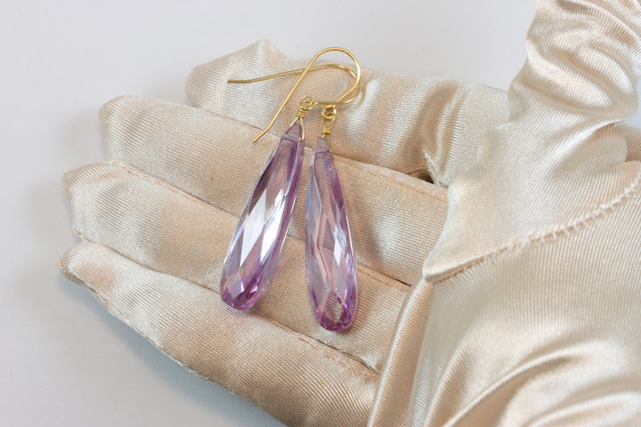Cubic Zirconia Earrings Simulated Lavender Tanzanite Long Large Tear Drop  AAA CZ 14k solid Gold or Filled or Sterling Silver Simple 2 Inch