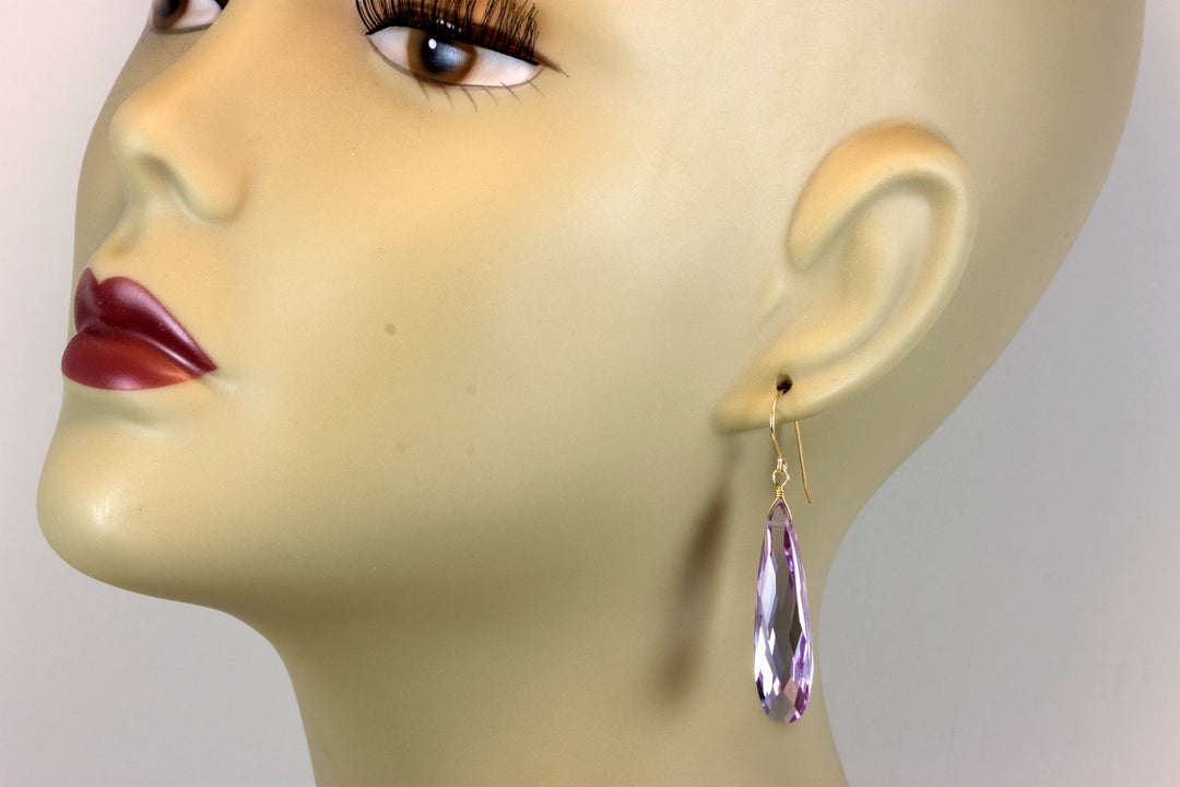 Cubic Zirconia Earrings Simulated Lavender Tanzanite Long Large Tear Drop  AAA CZ 14k solid Gold or Filled or Sterling Silver Simple 2 Inch
