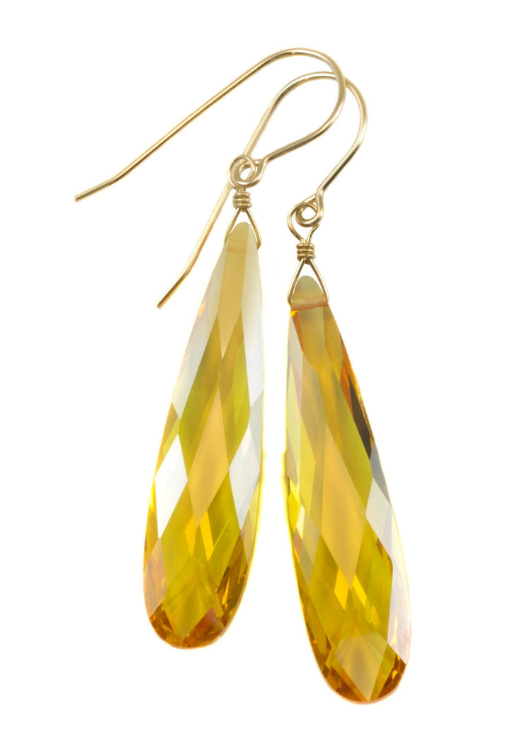Cubic Zirconia Earrings Simulated Citrine Yellow Long Large Tear Drop  AAA CZ 14k Solid Gold or Filled or Sterling Silver Facet Simple 2 In