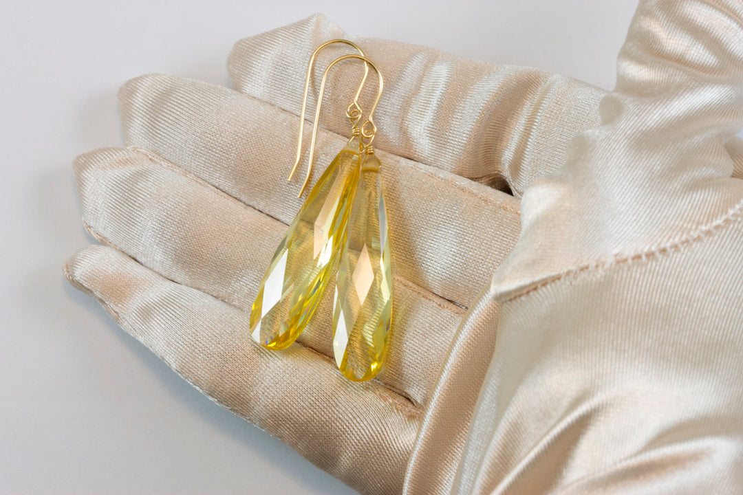Cubic Zirconia Earrings Simulated Yellow Diamond Long Large Tear Drop AAA CZ 14k Solid Gold or Filled or Sterling Silver Facet Simple 2 Inch