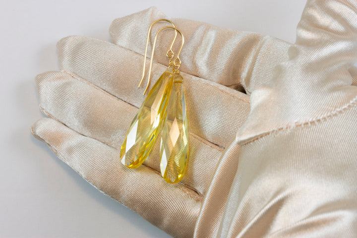 Cubic Zirconia Earrings Simulated Yellow Diamond Long Large Tear Drop AAA CZ 14k Solid Gold or Filled or Sterling Silver Facet Simple 2 Inch